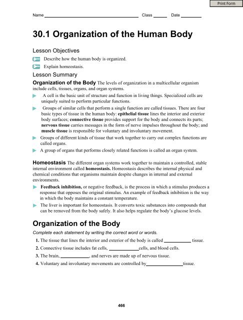 30.1 Organization of the Human Body