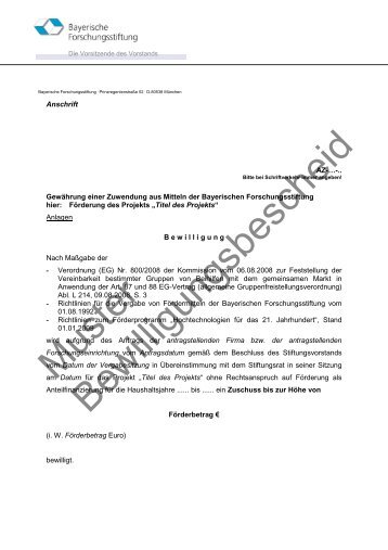 Muster Bewilligungsbescheid - Bayerische Forschungsstiftung