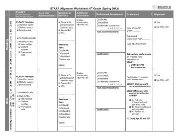 STAAR Alignment Worksheet: 6th Grade (Spring 2013) Reading Math