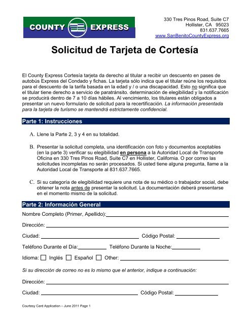 Solicitud de Tarjeta de CortesÃ­a - San Benito County Express