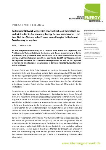 www.bbenergynetwork.de PRESSEMITTEILUNG - Berliner ImpulsE