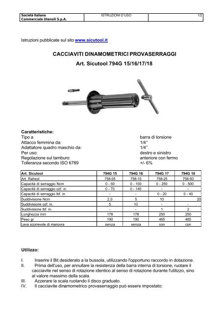 CACCIAVITI DINAMOMETRICI PROVASERRAGGI Art. Sicutool ...