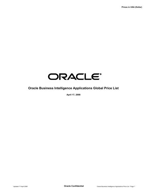 Oracle Business Intelligence Applications Global Price List