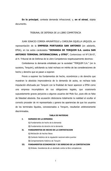 En lo principal, contesta demanda infraccional; y, en el otrosí, objeta ...