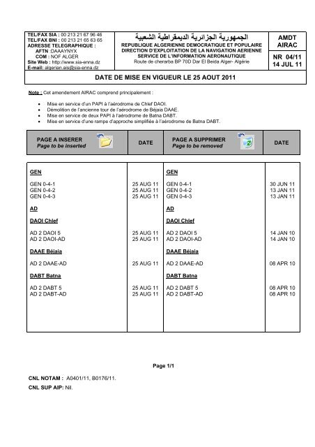 14 JUL 11 - SERVICE D'INFORMATION AERONAUTIQUE - ALGERIE