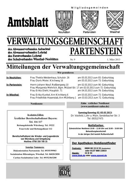 Mitteilungen der Verwaltungsgemeinschaft - Partenstein