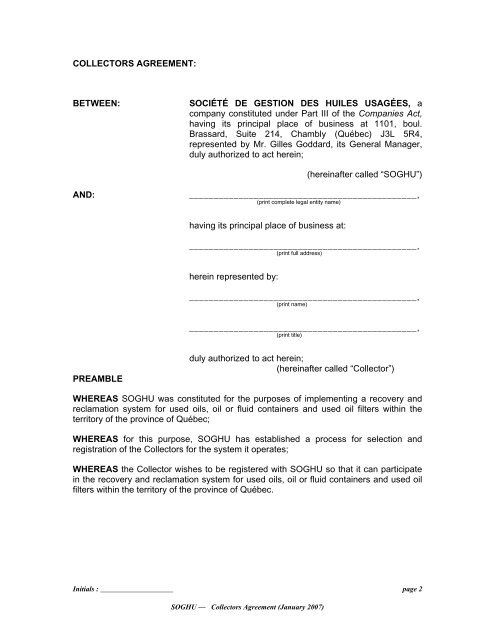 Collectors Agreement - Alberta Used Oil Management Association