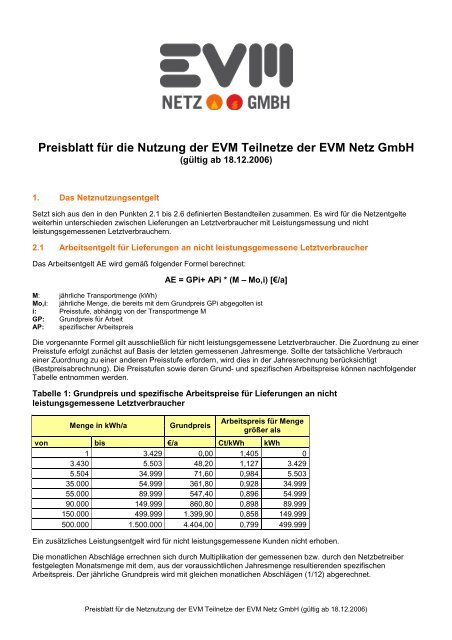 PDF-Download: Preisblatt für die Nutzung der EVM ... - EVM Netz