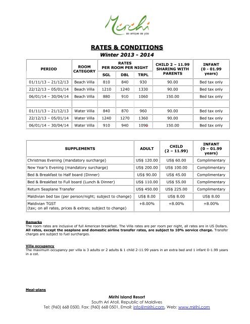 RATES & CONDITIONS & CONDITIONS - Mirihi