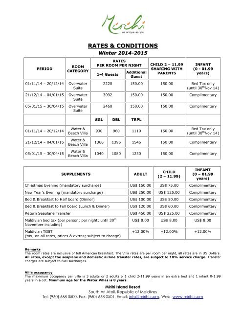 RATES & CONDITIONS & CONDITIONS - Mirihi