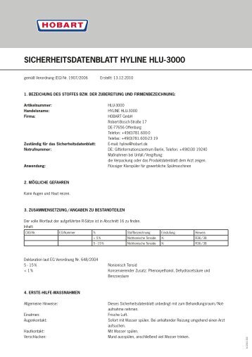 SICHERHEITSDATENBLATT HYLINE HLU-3000 - HOBART GmbH