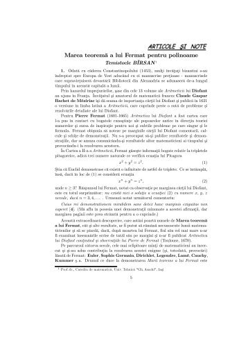 Marea teorema a lui Fermat pentru polinoame - Temistocle BÃRSAN