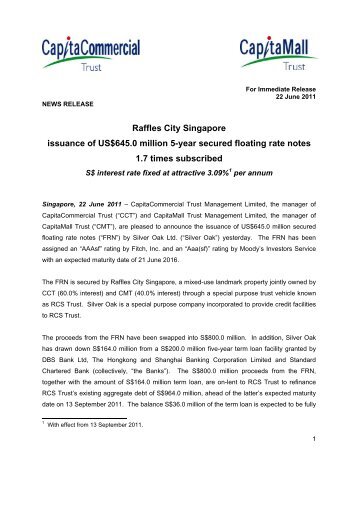 Raffles City Singapore issuance of US$645.0 million 5-year secured ...