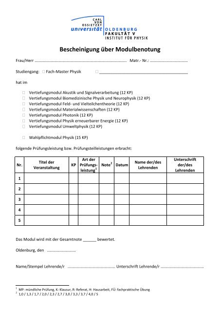 Bescheinigung Ã¼ber Modulbenotung