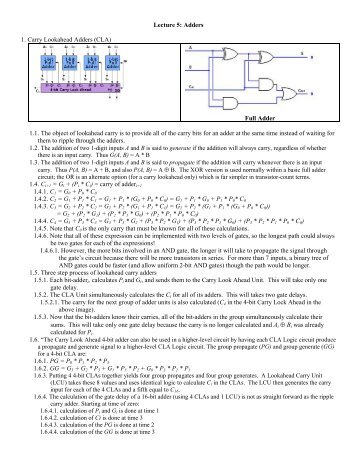 Lecture 5: Adders 1. Carry Lookahead Adders (CLA) Full ... - CS-CSIF