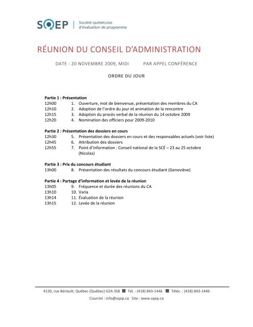 Ordre du jour et ProcÃ¨s-verbal de la rÃ©union du 20 novembre 2009