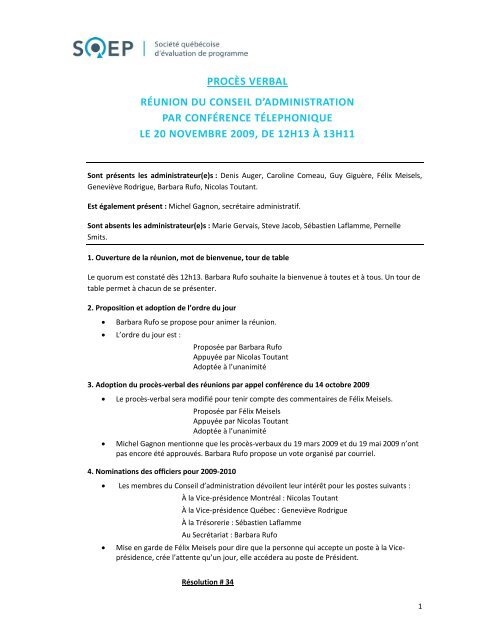 Ordre du jour et ProcÃ¨s-verbal de la rÃ©union du 20 novembre 2009