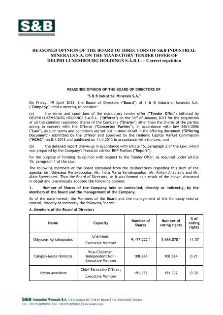 Board opinion in relation to the tender offer - S&B