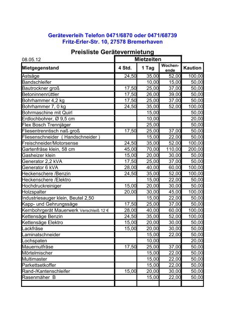 Preisliste Gerätevermietung