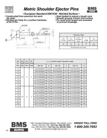 Ejector Pins, Shoulder, DIN Metric, Nitrided - BMS Burns