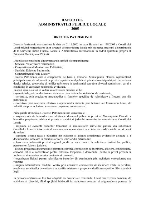 RAPORTUL ADMINISTRATIEI PUBLICE LOCALE - 2005 â - Ploiesti.ro