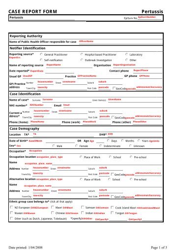 CASE REPORT FORM Pertussis - Public Health Surveillance