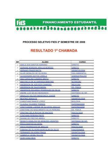divulgaÃ§Ã£o processo seletivo fies 2Âº semestre de 2008 1Âº chamada