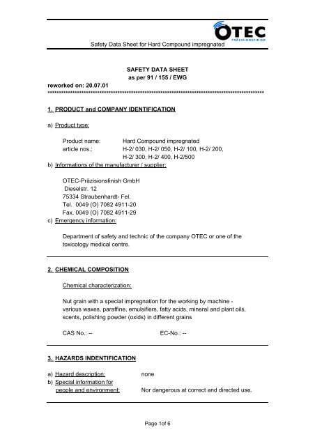 Safety Data Sheet for Hard Compound impregnated ... - Edeltec