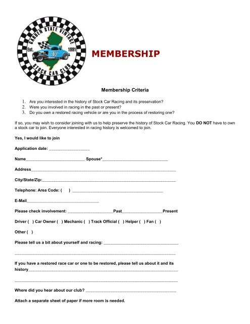 Membership Form Garden State Vintage Stock Car Club