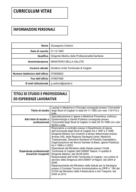 curriculum vitae - Sala stampa - Ministero della Salute