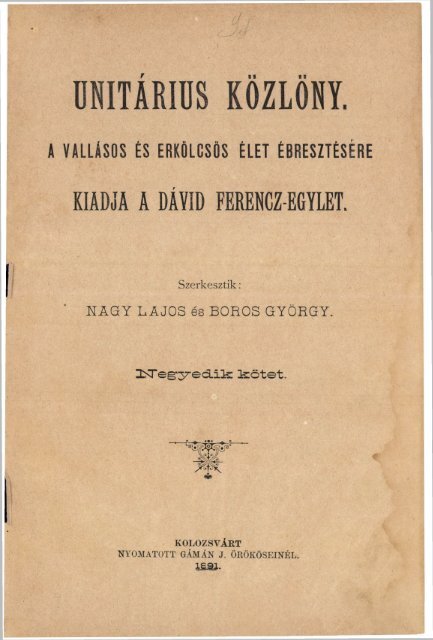 UnitÃ¡rius KÃ¶zlÃ¶ny 4. Ã©vfolyam, 1891 - MagyarorszÃ¡gi UnitÃ¡rius EgyhÃ¡z