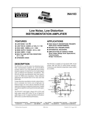 Low Noise, Low Distortion INSTRUMENTATION AMPLIFIER INA103