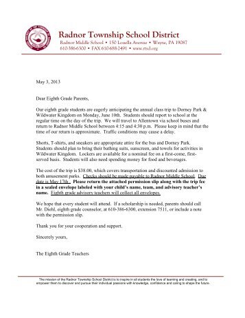 Dorney Park Letter and Permission Form - Radnor School District