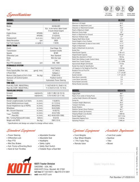 Specifications - Kioti Tractors