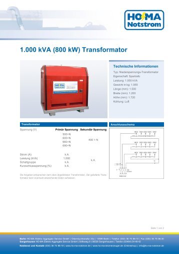 1.000 kVA (800 kW) Transformator - HO-MA-Notstrom