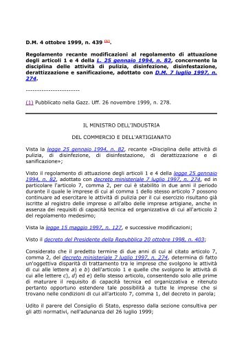 D.M. 4 ottobre 1999, n. 439 (1). Regolamento recante modificazioni ...