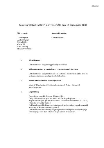 Beslutsprotokoll vid SMF:s styrelsemÃ¶te den 10 september 2009