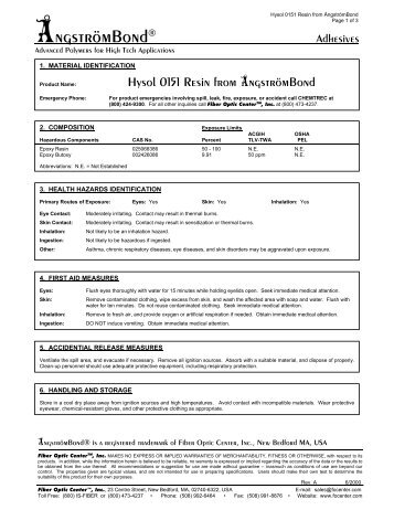 MSDS - AngstromBondÂ® Hysol 0151 Resin - Fiber Optic Center, Inc.