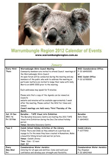 2012 Calendar last updated 30th Jan 12 - Warrumbungle National ...