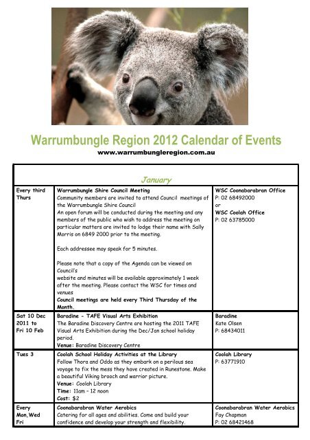 2012 Calendar last updated 30th Jan 12 - Warrumbungle National ...