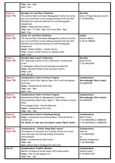 2012 Calendar last updated 30th Jan 12 - Warrumbungle National ...