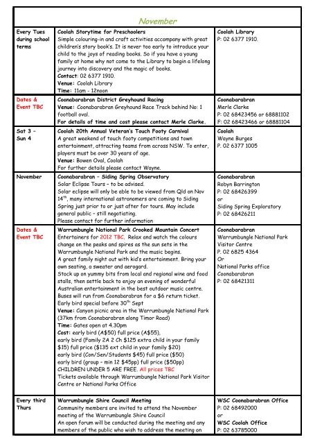 2012 Calendar last updated 30th Jan 12 - Warrumbungle National ...