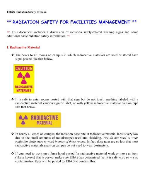 RADIATION SAFETY FOR FACILITIES MANAGEMENT