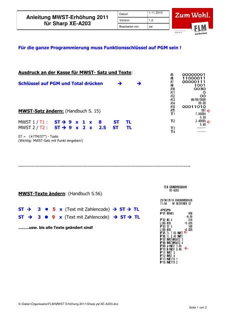 Anleitung MWST-Erhöhung 2011 für Sharp XE-A203