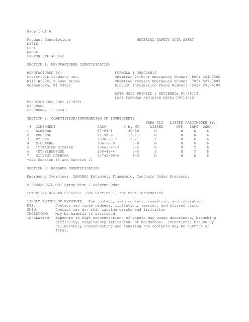 Material Safety Data Sheets for Hubbell Wiegmann touch-up paint