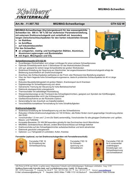 Datenblatt GTH 522W - Kjellberg Finsterwalde