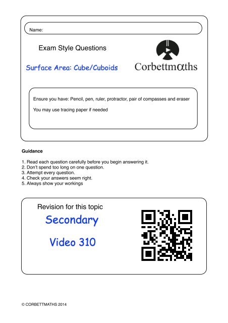 Surface Area Of A Cuboid Corbettmaths Answers