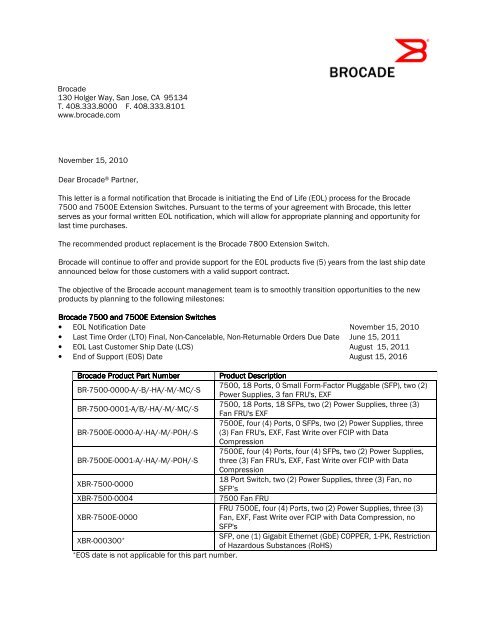 November 15, 2010 Dear Brocade® Partner, This letter is ... - TeamKCI