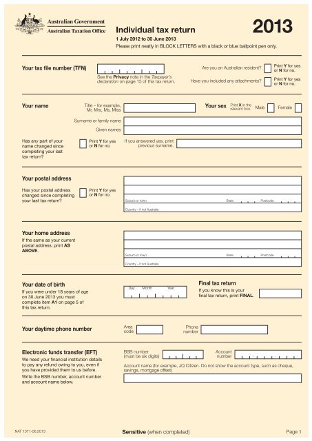 income tax form australia Individual tax return 1 - Australian Taxation Office
