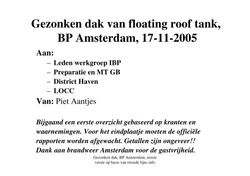 Gezonken dak van floating roof tank, BP Amsterdam, 17-11 ... - NIFV